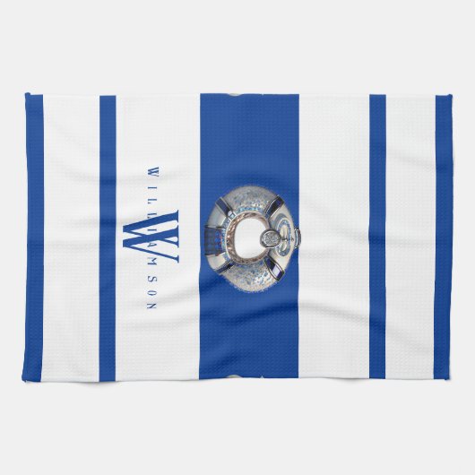 Modern Trendy Monogrammed Nautical Blue and White Theedoek (Horizontaal)