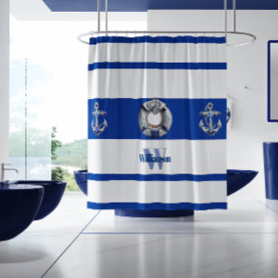 Modern Trendy Nautical Blue en White Long Douchegordijn
