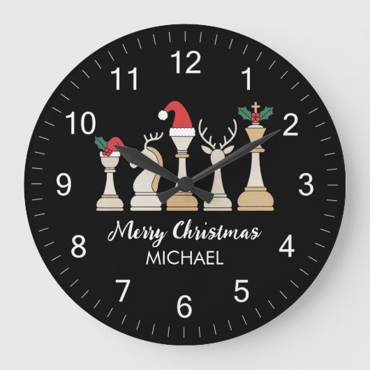 Modern Trendy Personalized Chess Pieces Christmas Grote Klok (Voorkant)