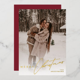 Modern Trendy Photo Elegant Script Red Christmas Folie Feestdagenkaart