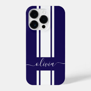 Modern Trendy Racing Stripes monogrammed iPhone 14 Plus Hoesje