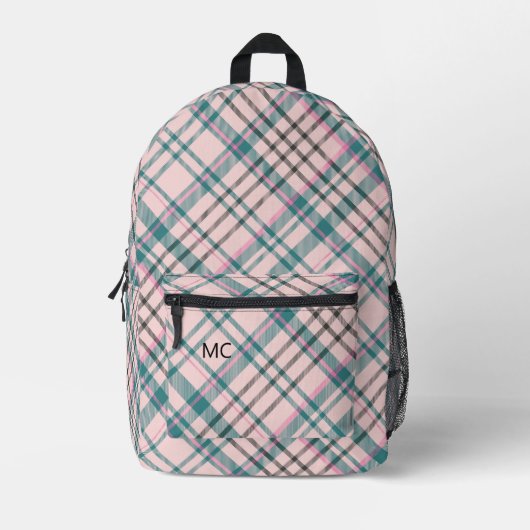 Modern Trendy Roze Check geruite Monogram Initiale Bedrukte Rugzak (Voorkant)