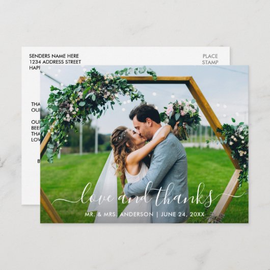 Modern trendy script bruiloft liefde en dank briefkaart (Voorkant / Achterkant)