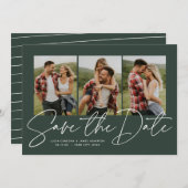 Modern trendy script drie foto-jager groen save the date (Voorkant / Achterkant)