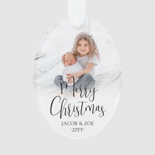 Modern Trendy Script Merry Christmas 2 foto's Ovaa Ornament (voorkant)