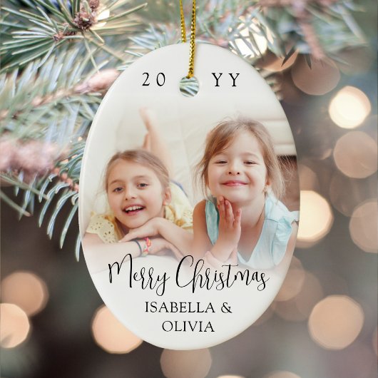 Modern Trendy Script Merry Christmas 2 Photos Oval Keramisch Ornament