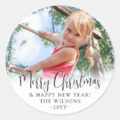 Modern Trendy Script Merry Christmas Simple Photo Ronde Sticker (Voorkant)