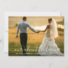 Modern Trendy Script Ons avontuur begint te trouwe Bedankkaart