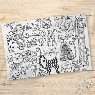 Modern trendy zwart-wit kattenpatroon theedoek