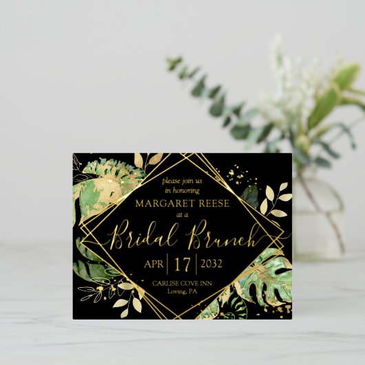 Modern Tropical Bridal Brunch Shower Black & Gold Folie Uitnodiging Briefkaart (Staand Voorkant)