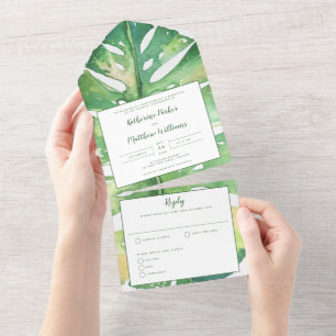 Modern Tropical Island Palm Wedding All In One Uitnodiging