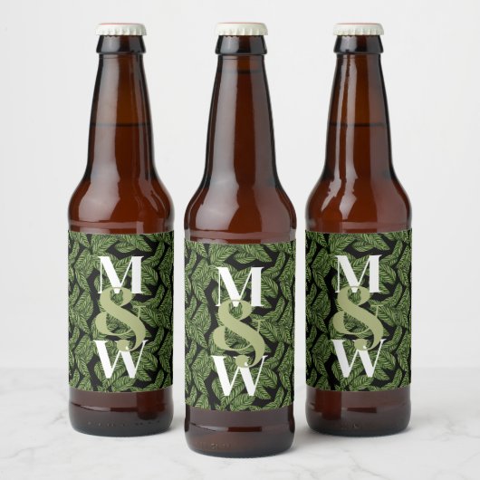 Modern Tropical Leaf Palm Plant Print Monogram Bier Etiket (Flessen)