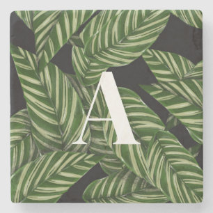 Modern Tropical Leaf Palm Plant Print Monogram Stenen Onderzetter