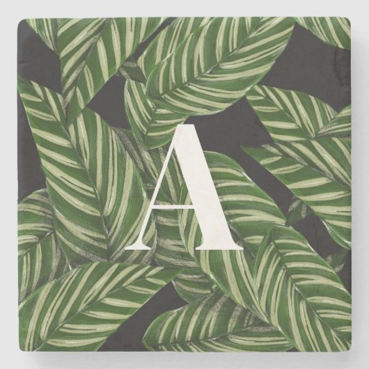 Modern Tropical Leaf Palm Plant Print Monogram Stenen Onderzetter (Voorkant)