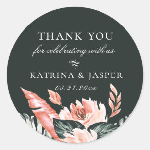 Modern Tropics Coral Floral Wedding Favor Ronde Sticker