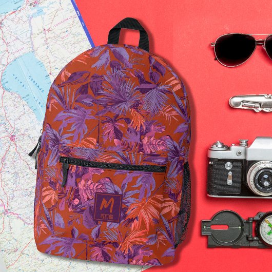 Modern Tropisch Blad Rood Paarse Monogram Ontwerp Bedrukte Rugzak