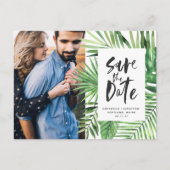 Modern tropisch blad script stijlvolle trouwfoto uitnodiging briefkaart (Voorkant)