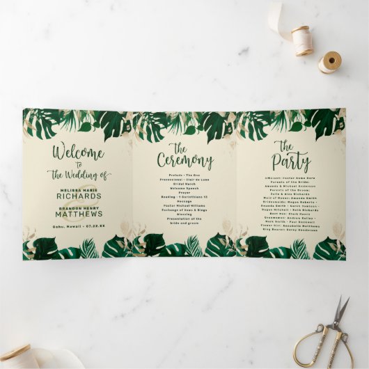 Modern Tropisch gebladerte met gouden huwelijkscer Drieluik Programma (Binnen)