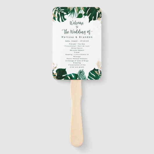 Modern Tropisch groen bruiloft ceremonie programma Handwaaier (Voorkant)