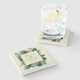 Modern tropisch groen donker blad ingelijst bruilo stenen onderzetter