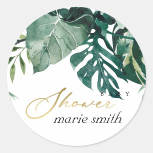 Modern Tropisch Monstera Green Foliage Baby shower Ronde Sticker
