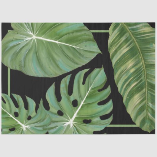 Modern tropisch Oerwoud Leaf Black Green Decoupage Tissuepapier (Voorkant)