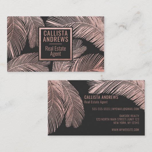Modern Tropisch Roos Goud Zwart Palmboom Blad Visitekaartje (Voorkant / Achterkant)