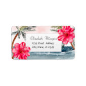 Modern tropisch strand, palmen, Hibiscus Etiket (Voorkant)