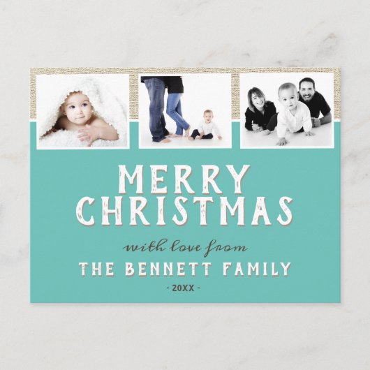 Modern Turquoise 3 Photo Collage Kerstmis Briefkaart (Voorkant)