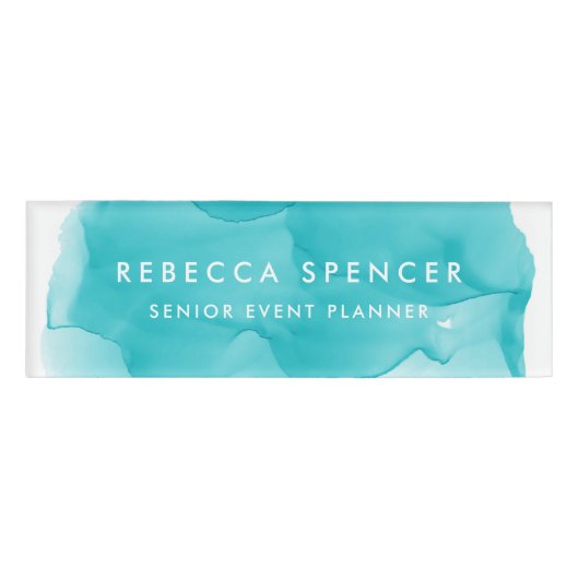 Modern Turquoise Abstracte Waterverf Naambadge (Voorkant)