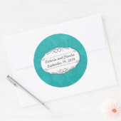 Modern Turquoise Blauwgroen Blauw Damask Bruiloft Ronde Sticker (Envelop)