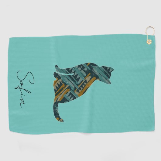 Modern Turquoise Blue en Gold Cat Golfhanddoek (Horizontaal)