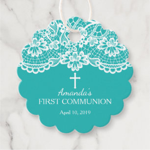 Modern Turquoise Blue Lace First Heilige Communie Bedankjes Labels
