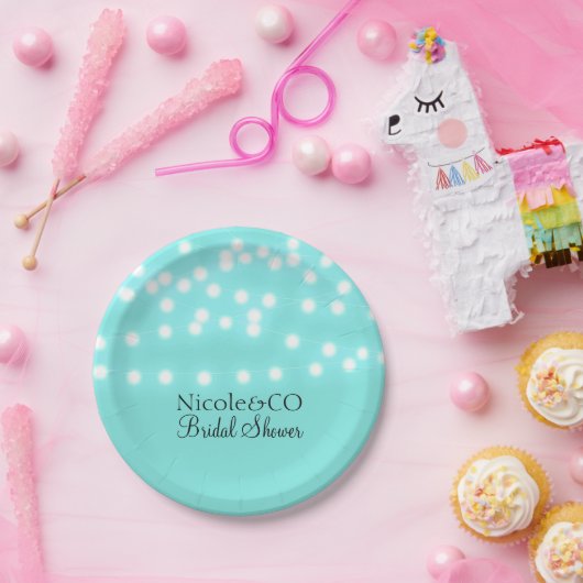 Modern Turquoise Blue & String Lights Elegant Papieren Bordje (Feest)