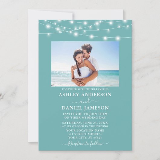 Modern Turquoise Blue String Lights Photo Wedding Kaart (Voorkant)