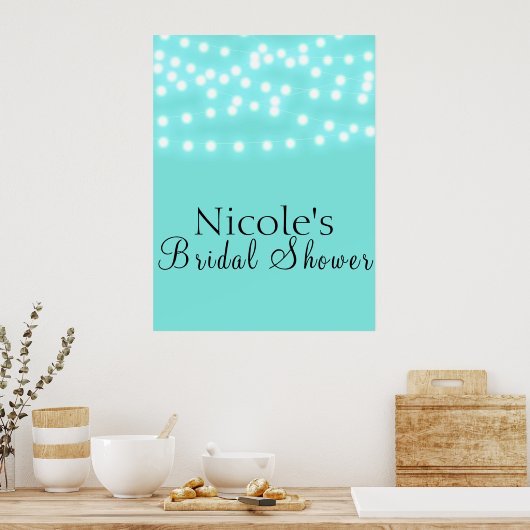 Modern Turquoise Blue & String Lights Welkom Poster (Keuken)
