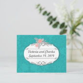 Modern Turquoise Chartreuse Damask Wedding Briefkaart (Staand voorkant)