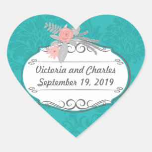 Modern Turquoise Chartreuse Damask Wedding Hart Sticker