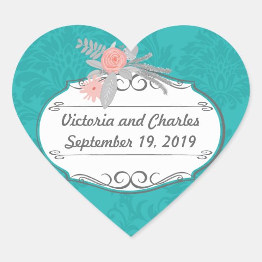 Modern Turquoise Chartreuse Damask Wedding Hart Sticker (Voorkant)