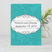 Modern Turquoise Chartreuse Damask Wedding Kaart (Staand voorkant)
