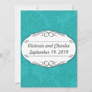 Modern Turquoise Chartreuse Damask Wedding Kaart
