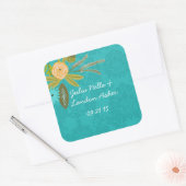 Modern Turquoise Chartreuse Damask Wedding Vierkante Sticker (Envelop)