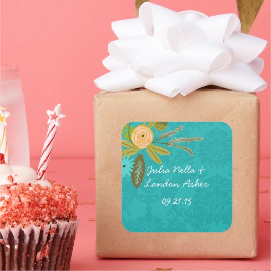 Modern Turquoise Chartreuse Damask Wedding Vierkante Sticker (Feest)