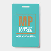 Modern Turquoise Copper Square Monogram Logo Foto Badge (Achterkant)