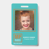 Modern Turquoise Copper Square Monogram Logo Foto Badge (Voorzijde)