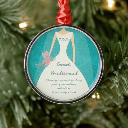 Modern Turquoise Damask Wedding Metalen Ornament (Boom)