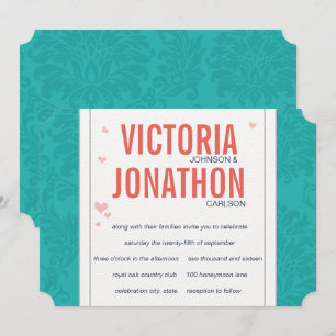 Modern Turquoise en Coral Damask Wedding Kaart