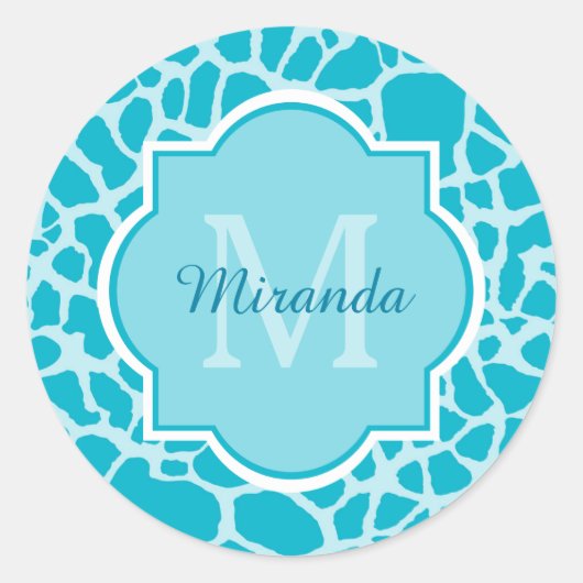 Modern Turquoise Giraffe Print Monogram met naam Ronde Sticker (Voorkant)