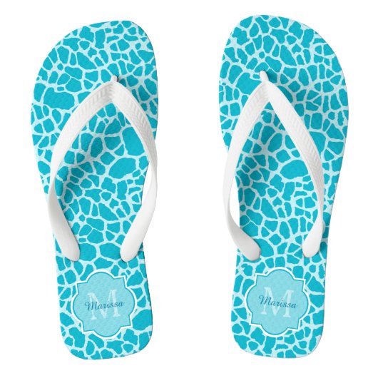 Modern Turquoise Giraffe Print Monogram met naam Teenslippers (Voetbed)