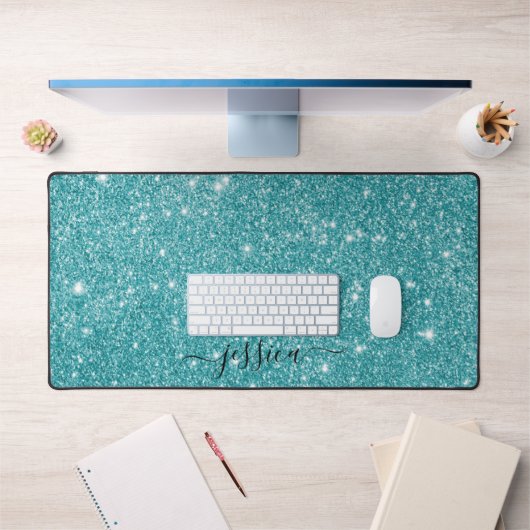 Modern turquoise glitter script name bureaumat (Kantoor 1)